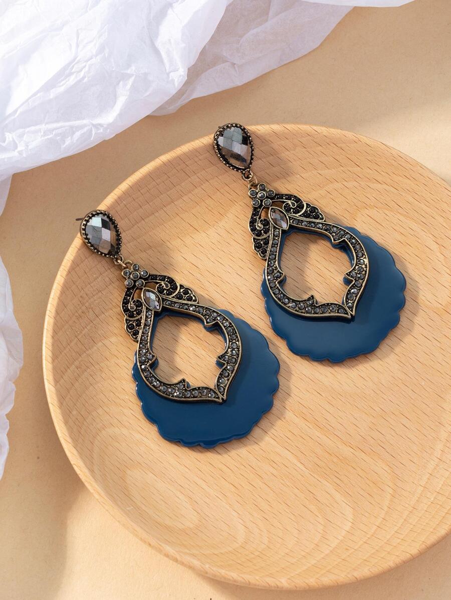 Bông tai giọt nước chi tiết rhinestone - Màu xanh hải quân - Xem 1
