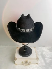 1pc Unisex Metal Flower Decor Cowboy Hat For Daily Life - Black - View 5