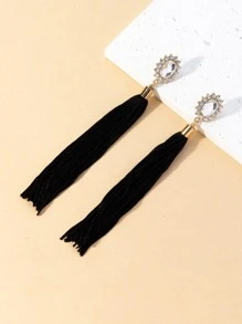 1pair Bohemian Zinc Alloy Rhinestone Decor Tassel Drop Earrings For Women For Party - Black - View 1