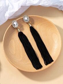 1pair Bohemian Zinc Alloy Rhinestone Decor Tassel Drop Earrings For Women For Party - Black - View 2