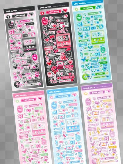 6入组音符圖案貼紙，黑色紙質手賬貼紙，DIY