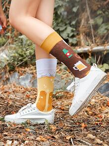 1pair Creative Personalized Jacquard Ab Printed Mid-Calf Socks - Multicolor - View 3