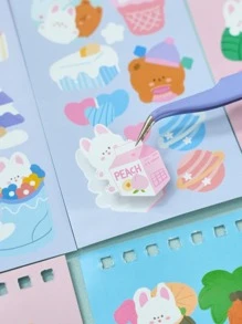 1入組卡通兔子和熊圖案什錦貼紙，用於DIY工藝多用途裝飾貼紙書，手賬裝飾 - 彩色 - 查看 2