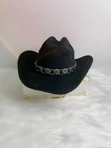 1pc Unisex Metal Flower Decor Cowboy Hat For Daily Life - Black - View 4