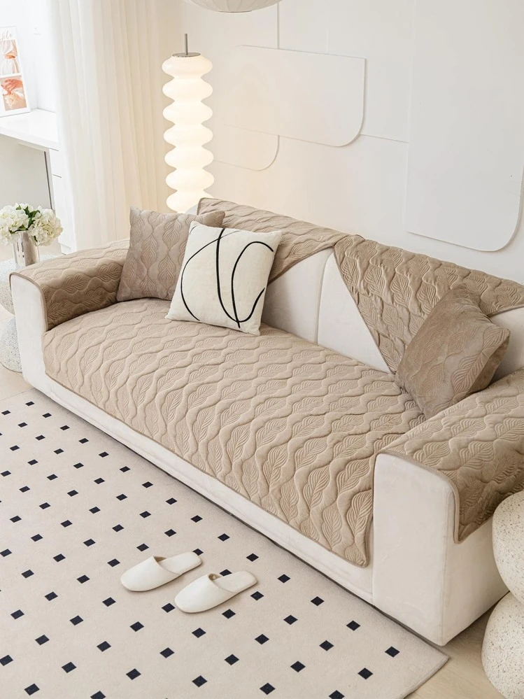 無地ソファタオル1枚、ミニマリストポリエステルキルティングソファカバーブランケット、家庭用、オールシーズン - ブラウン - 見る 1