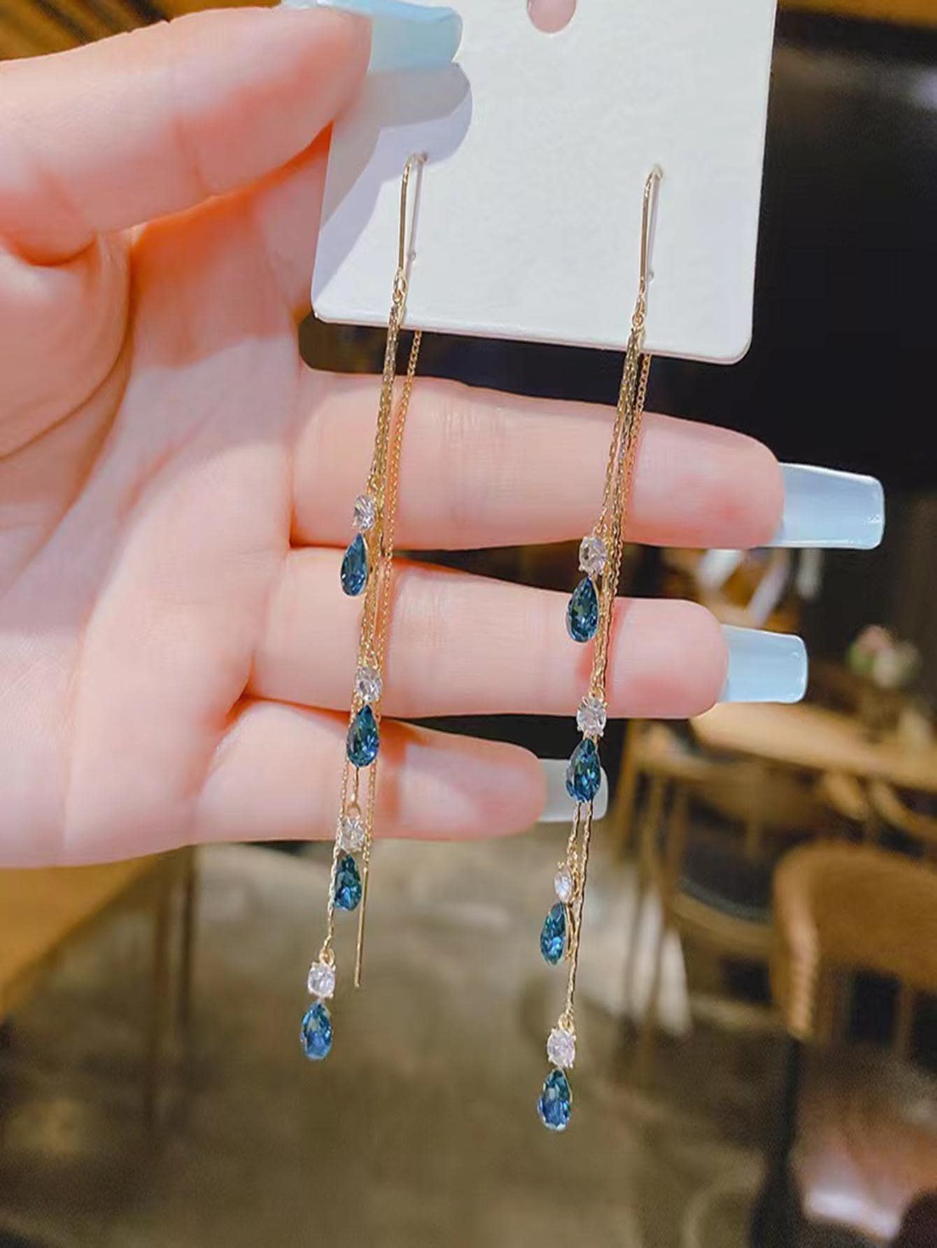 2入組/套水鑽耳墜 - 藍色 - 查看 1