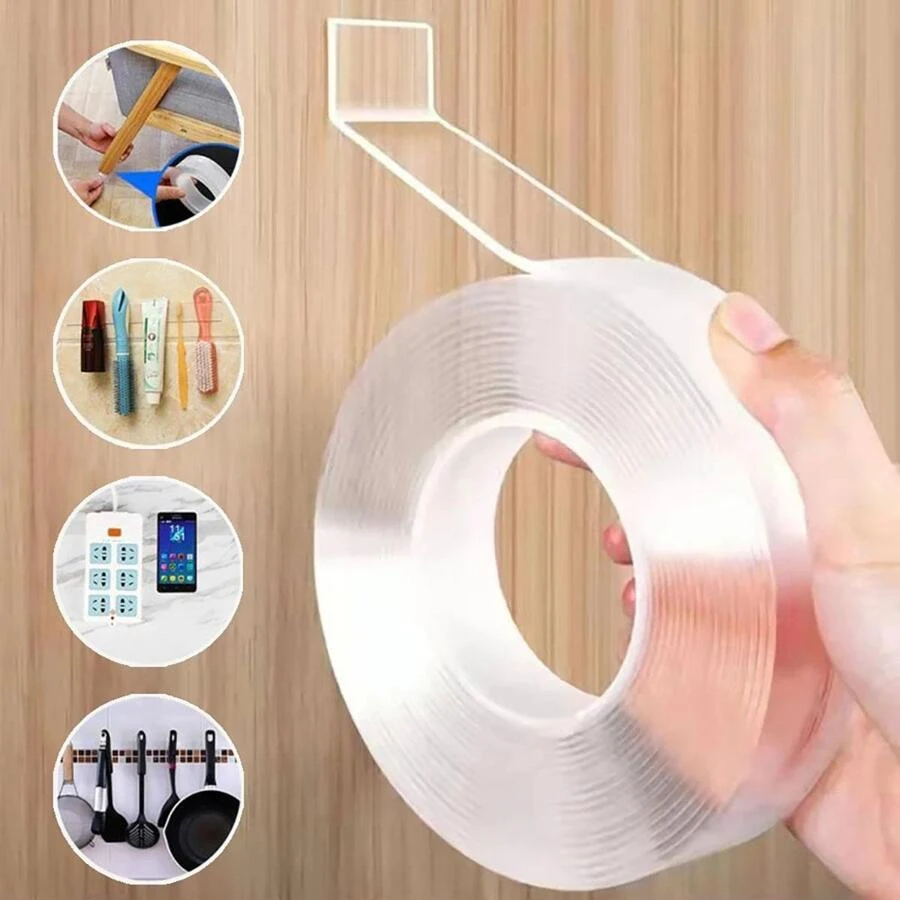 POLEXIN 1pc Transparent Nano Tape Washable Reusable Double-Sided Tape Adhesive Nano Traceless Sticker Removable Universal Disks Glue - Clear - View 1