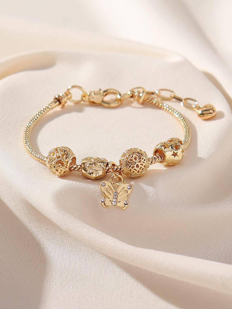 1入組時尚水鑽裝飾蝴蝶墜飾手環適合女士日常裝飾 - 金色 - 查看 1