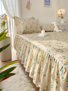 3pcs Flower Pattern Sheet Set Without Filler, 1pc Bed Skirt & 2pcs Pillowcase, Fabric Bed Sheet Set For Bedroom - Beige - View 3