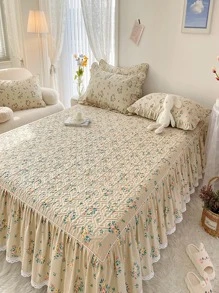3pcs Flower Pattern Sheet Set Without Filler, 1pc Bed Skirt & 2pcs Pillowcase, Fabric Bed Sheet Set For Bedroom - Beige - View 1