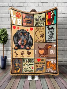 1pc Dog & Slogan Graphic Blanket, Knitted Fabric Soft & Warm Blanket For Living Room & Bedroom, Home Decor - Multicolor - View 1