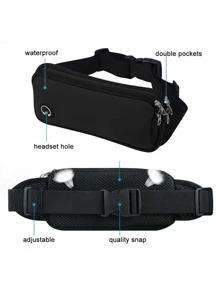 1pc Earphone Hole Detail Waterproof Running Waist Bag - Black - View 3