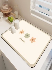 1pc Floral & Letter Graphic Dish Drying Mat, Cute Polyester Dish Drainer Mat For Kitchen - Multicolor - View 5