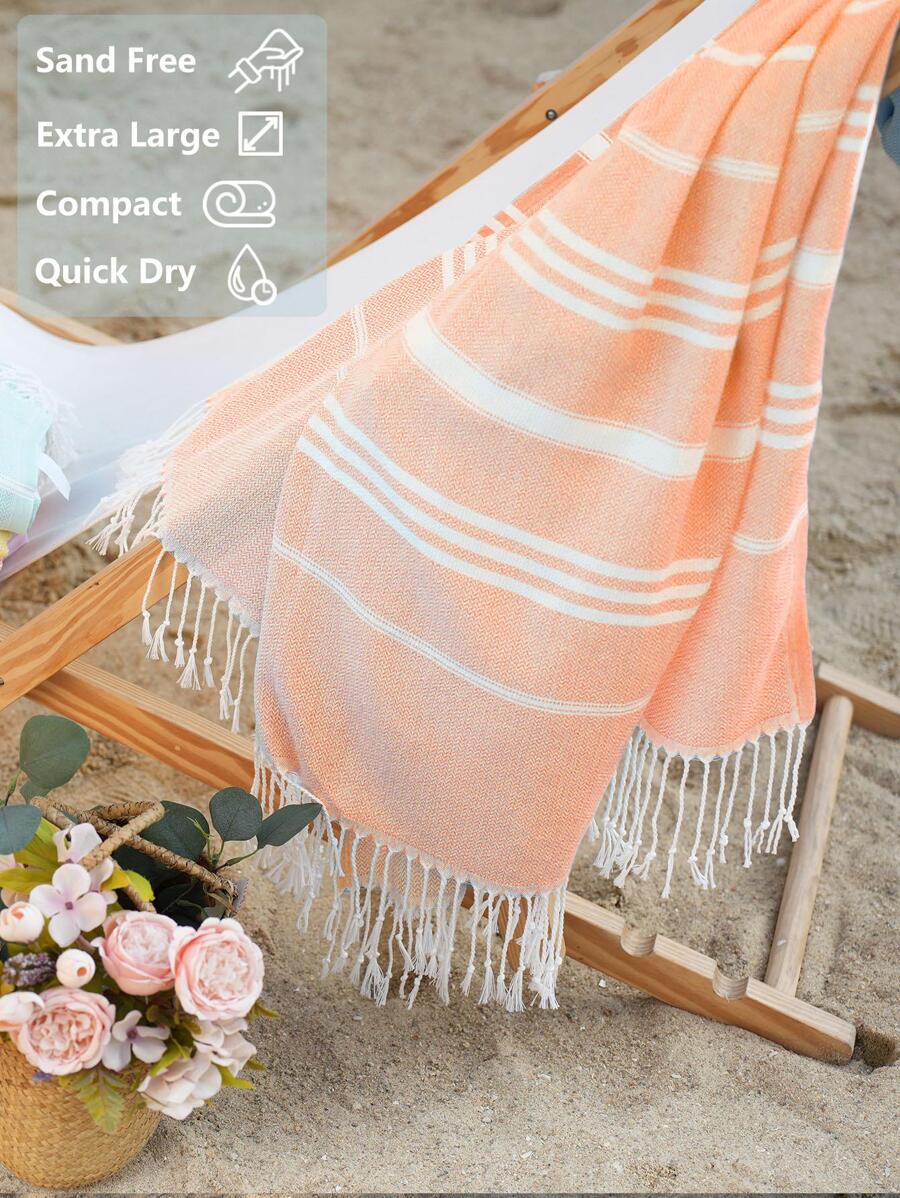 1pc Striped Pattern Tassel Decor Beach Towel - Orange - View 1