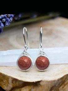 圓形石頭耳墜 - 咖啡 - 查看 1