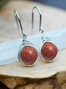 圓形石頭耳墜 - 咖啡 - 查看 4