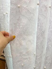 1pc White Flower Embroidered Sheer Panel Curtain, Modern Polyester Light Filtering Privacy Sheer Curtain For Living Room, Bedroom - White - View 2