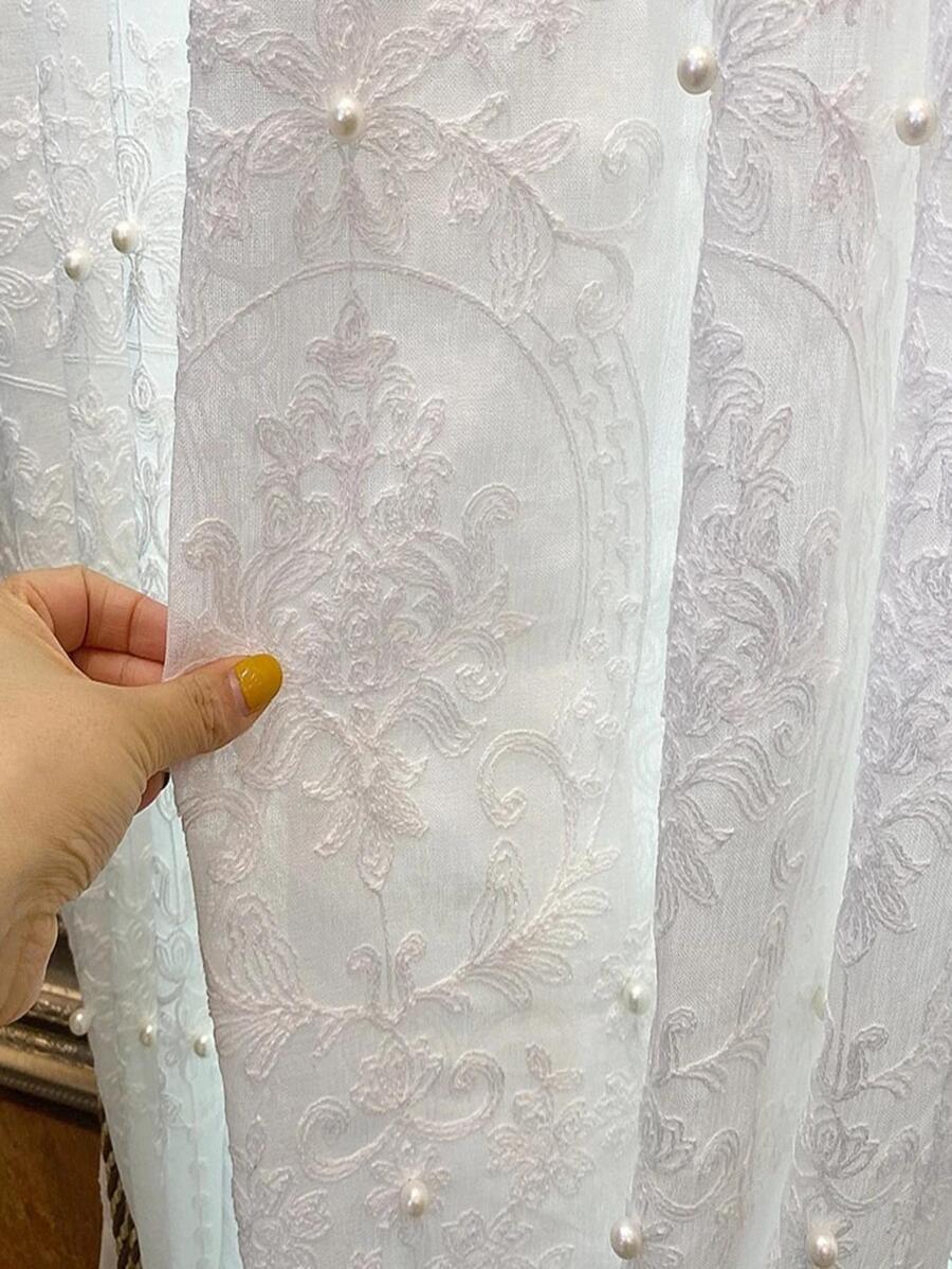 1pc White Flower Embroidered Sheer Panel Curtain, Modern Polyester Light Filtering Privacy Sheer Curtain For Living Room, Bedroom