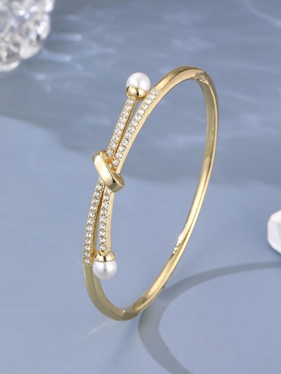1pc Glamorous Zinc Alloy Rhinestone & Faux Pearl Decor Bangle For Women For Gift