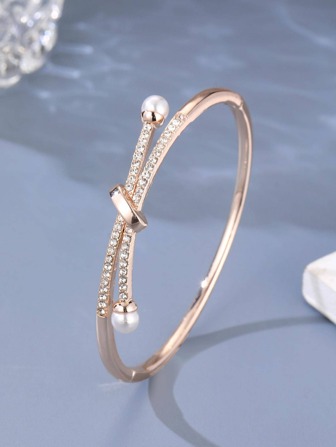 1 pièce Bracelet de luxe en alliage de zinc avec strass et décoration de faux perles, cadeau pour femmes