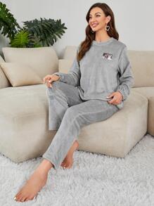 Patched Detail Flannel Top & Trousers Lounge Set - Light Grey - View 5