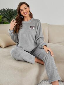 Patched Detail Flannel Top & Trousers Lounge Set - Light Grey - View 6