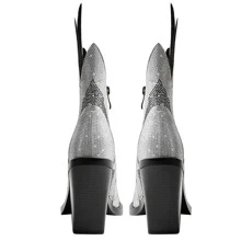 Women Rhinestone Decor Chunky Heeled Fashion Boots, Glamorous Silver Classic Boots