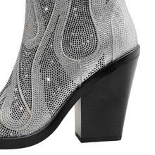 Women Rhinestone Decor Chunky Heeled Fashion Boots, Glamorous Silver Classic Boots