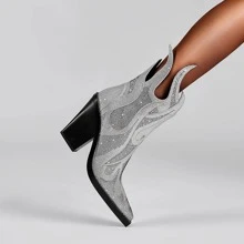 Women Rhinestone Decor Chunky Heeled Fashion Boots, Glamorous Silver Classic Boots