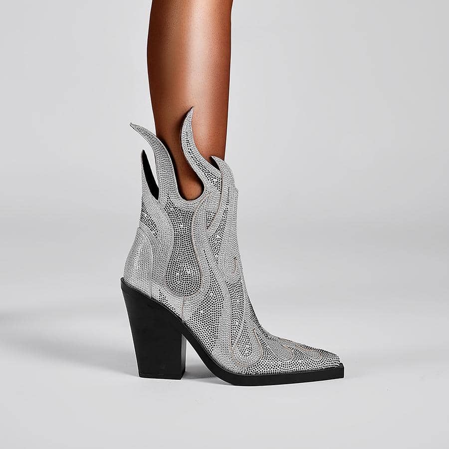 Women Rhinestone Decor Chunky Heeled Fashion Boots, Glamorous Silver Classic Boots