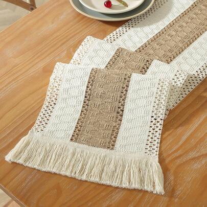 1 Stück Vintage gehäkelter Leinen Tischläufer mit Makramee Quasten, rustikale Spitzen Tischdecke, Tischschutz Matte für Zuhause, Party, Hochzeitsdekoration