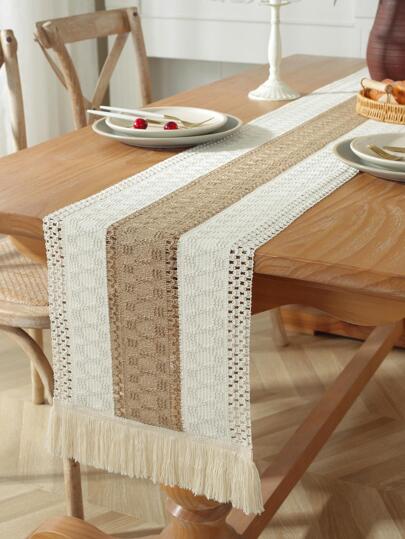 1pc Vintage Crochet Linen Table Runner With Macrame Tassel, Rustic Lace Tabletop Decor, Dining Table Protector Mat For Home, Party, Wedding Decoration