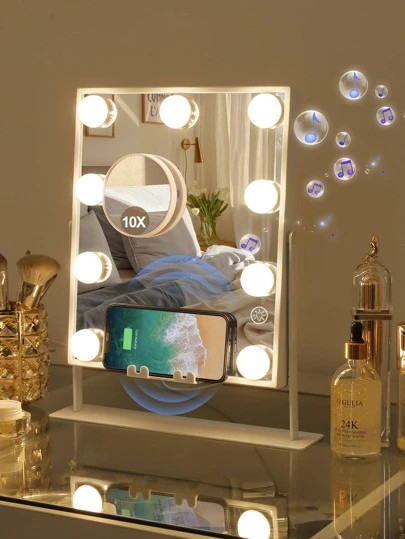  FENCHILIN Vanity Mirror With Lights 9 Dimmable Bulbs Wireless Charger Bluetooth Speaker,Makeup Mirror With Smart Touch Control For Glam Room Bedroom Detachable 10X Magnification White 9.84 X 11.81