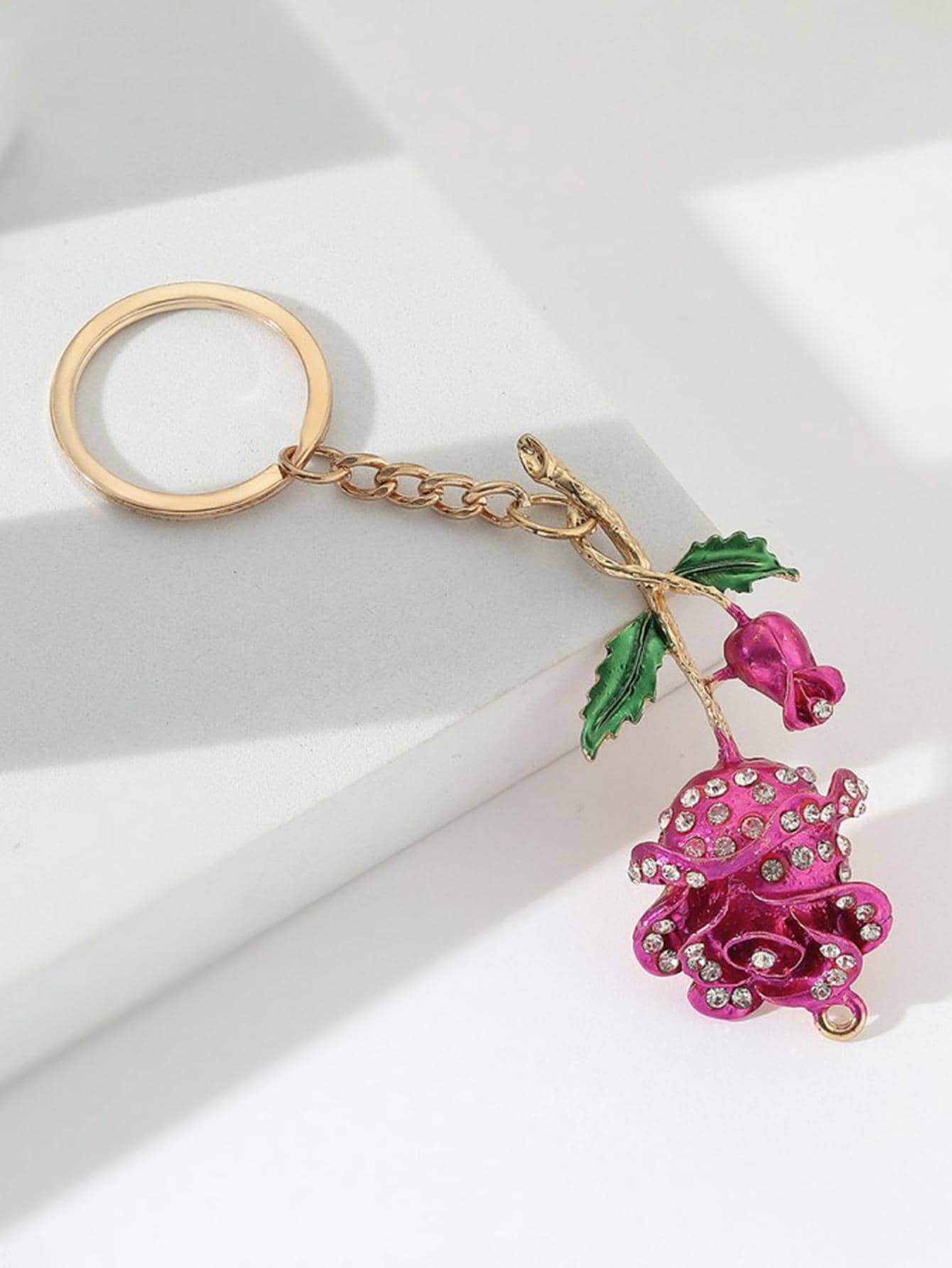 1入組女性水鑽和玫瑰裝飾時尚鑰匙圈適用於禮品 - 彩色 - 查看 1