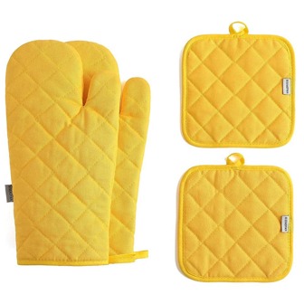 Gula ugnsvantar och grytlappar 4 st set , hög värmebeständig 500 grader extra tjock lång köksugnshandske för matlagning
