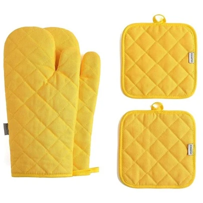 黃色烤箱手套和鍋墊 4 件套，高耐熱 500 度超加厚長廚房烤箱手套烹飪用