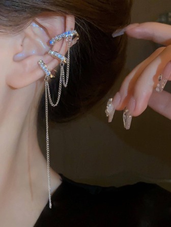 1入組時尚鋅合金水鑽和鏈條裝飾耳夾適合女士適合派對