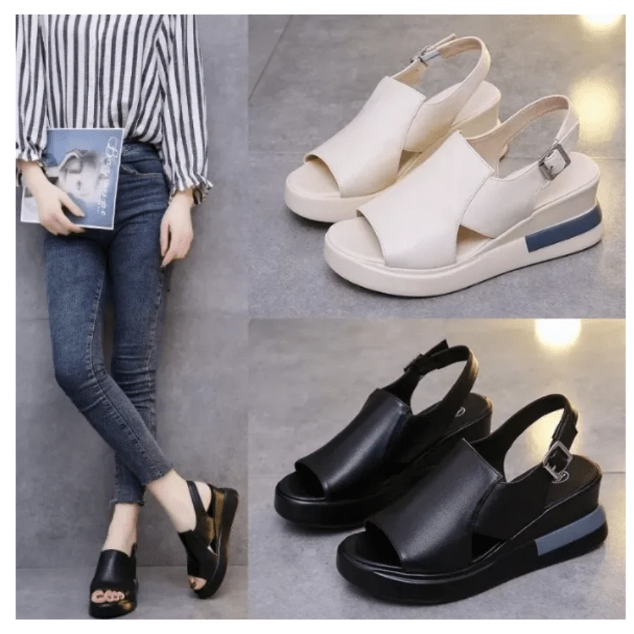 Platform Sandals Shoes Black Soft Leather Lady Wedge Fashion - 白色 - 查看 1