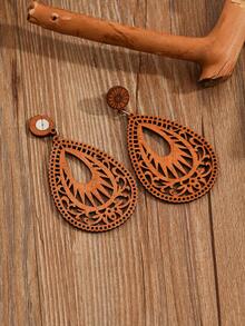 Hollow Out Water Drop Earrings - Brown - View 1