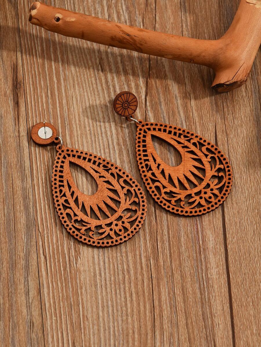 Hollow Out Water Drop Earrings - Brown - View 1