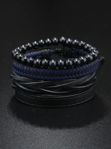 4 cái/bộ Retro PU Polyurethane Trang trí hạt Vòng tay Cho nam giới Đối với Qủa tặng Để Trang Trí Hàng Ngày - màu đen - Xem 3