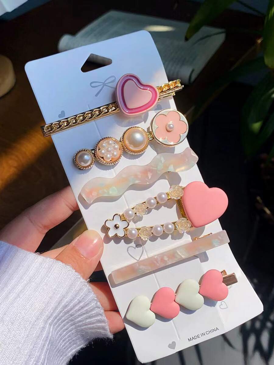 6入組女款心形&人造珍珠裝飾時尚髮夾，用於髮飾裝飾優雅 - 彩色 - 查看 1