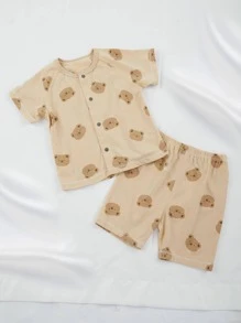 Em bé Con trai Gấu In Nút phía trước Bộ đồ trên và quần - Màu Khaki - Xem 1