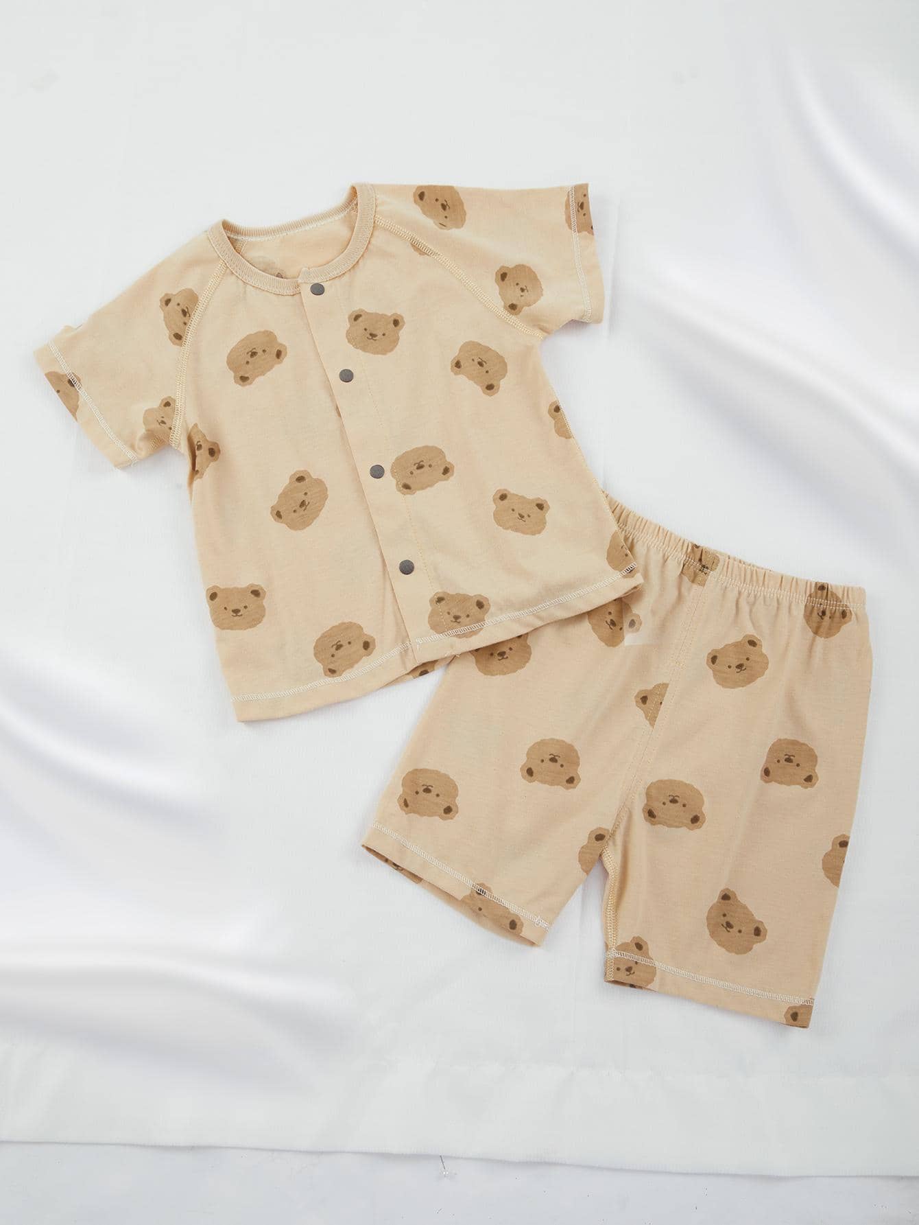 Em bé Con trai Gấu In Nút phía trước Bộ đồ trên và quần - Màu Khaki - Xem 1