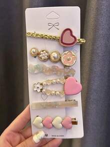 6入組女款心形&人造珍珠裝飾時尚髮夾，用於髮飾裝飾優雅 - 彩色 - 查看 3