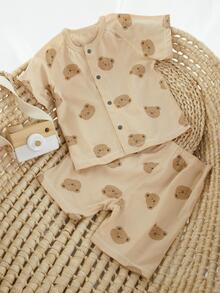 Em bé Con trai Gấu In Nút phía trước Bộ đồ trên và quần - Màu Khaki - Xem 3