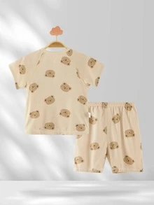 Em bé Con trai Gấu In Nút phía trước Bộ đồ trên và quần - Màu Khaki - Xem 4