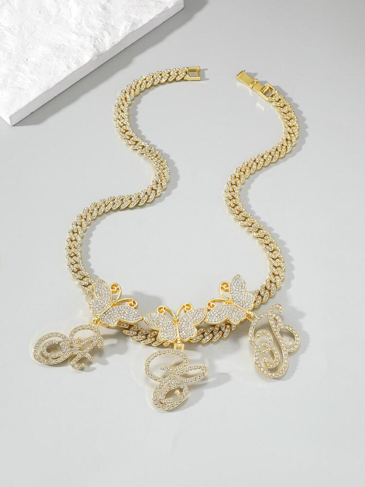 1pc Luxury Zinc Alloy Rhinestone Butterfly & Letter Charm Necklace For Men Women For Daily Decoration