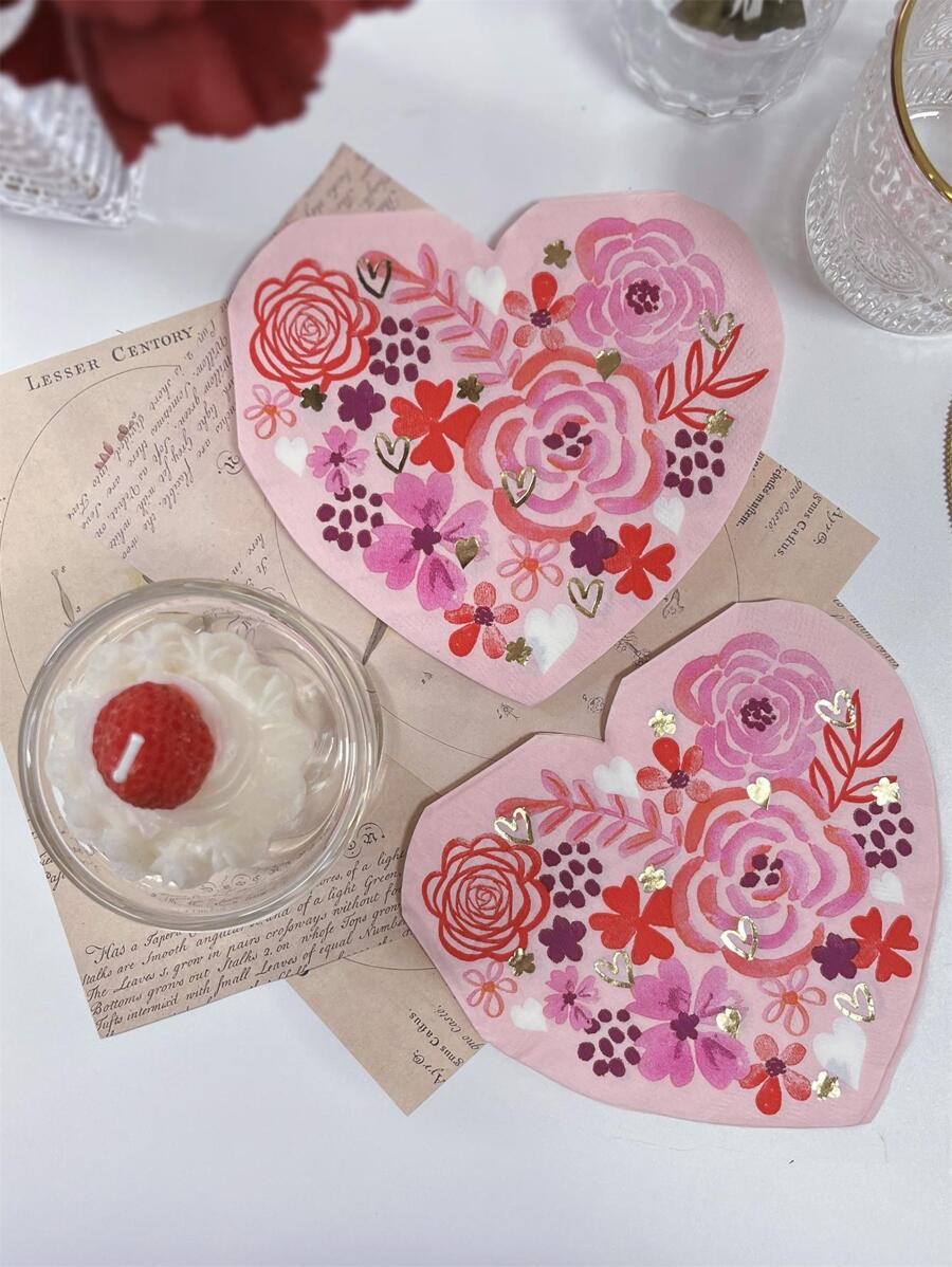 16pcs Flower Print Heart Design Disposable Napkin - Multicolor - View 1