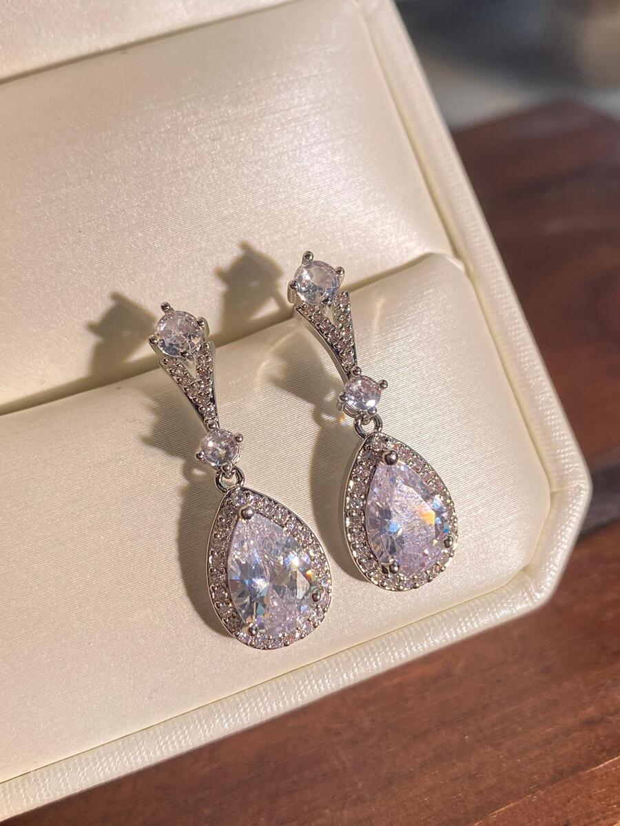 1雙魅力四射方晶鋯石水滴形耳墜適合女士適合婚禮派對 - 銀色 - 查看 1